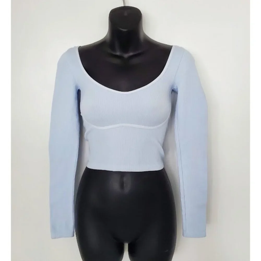 NWT Free People Intimately Light Blue Ribbed Long Sleeve Crop Top Layer Size M/L